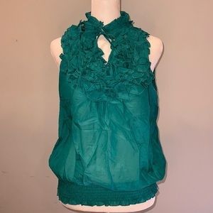 Forever 21‎ sleeveless cotton silk ruffled front top women small aqua